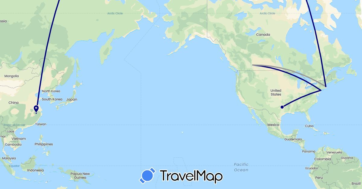 TravelMap itinerary: driving, plane in Canada, China, United States (Asia, North America)